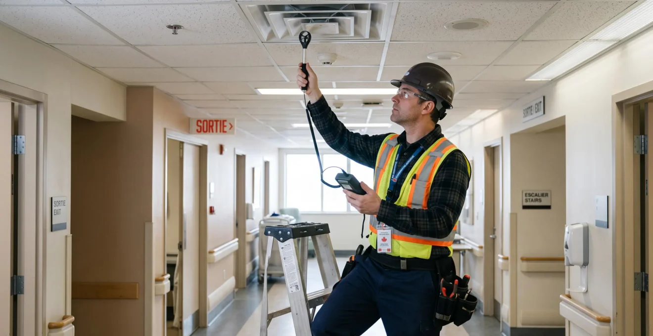 Une ingénieure mesure le débit d'air d'un diffuseur de plafond dans un couloir hospitalier.