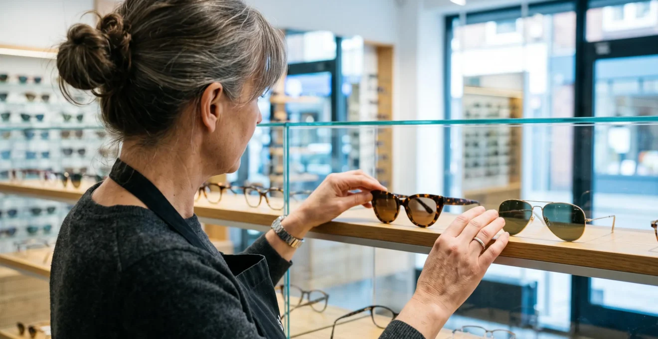 Un opticien aligne deux montures de lunettes de soleil sur une présentoir éclairé en magasin.