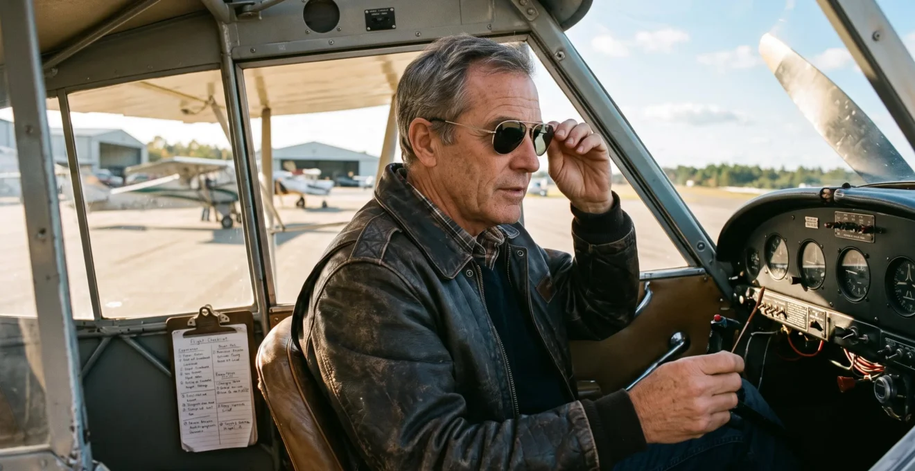 Un pilote en veste de cuir enfile des lunettes aviateur dans le cockpit d'un petit avion.