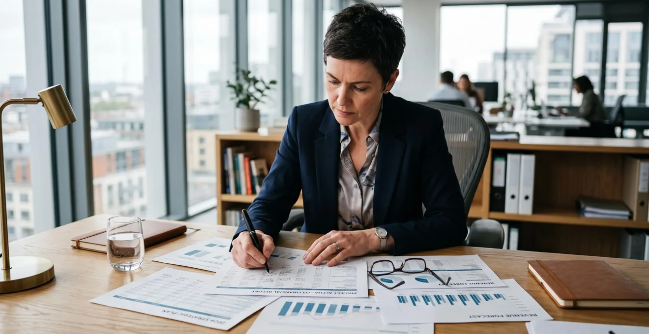 Directeur de PME examinant méticuleusement des documents financiers sur un bureau.
