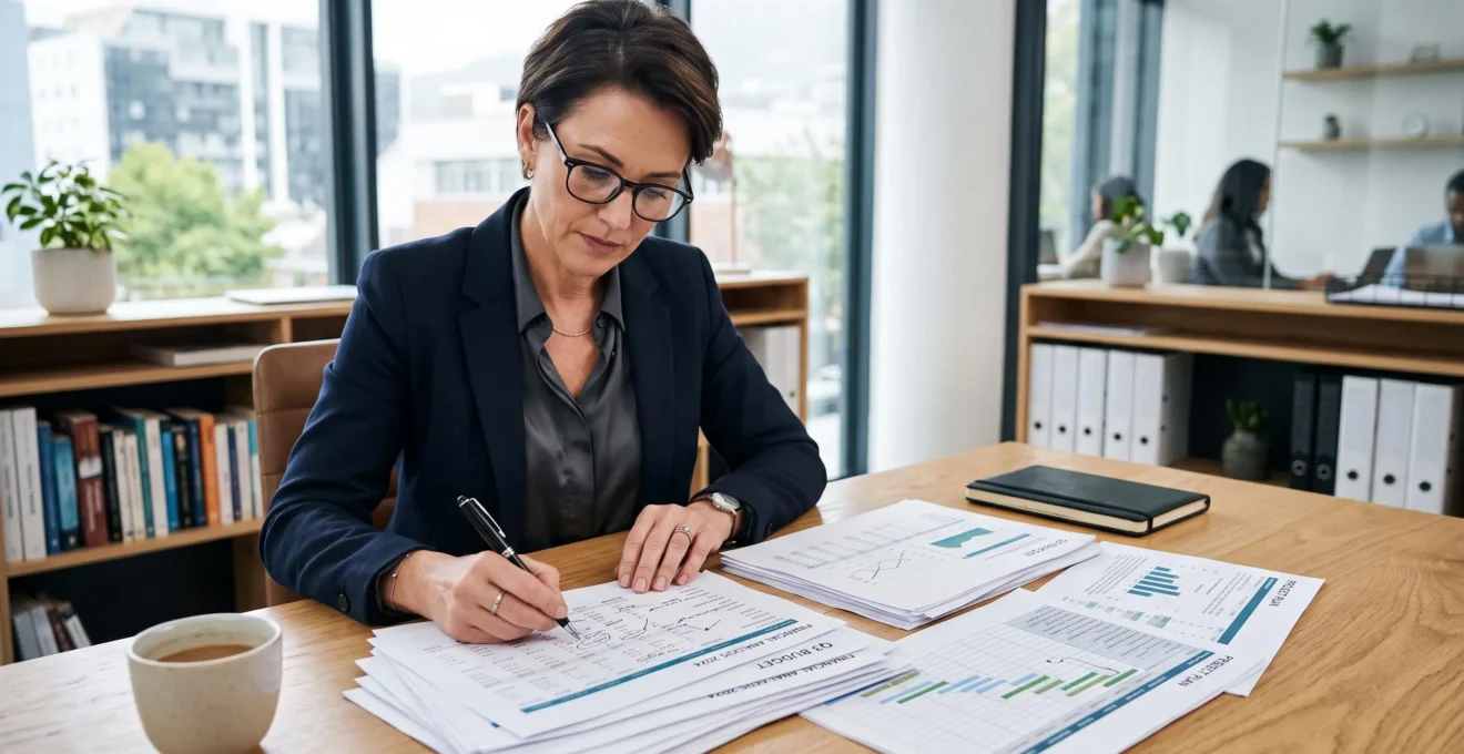 Directeur de PME examinant méticuleusement des documents financiers sur un bureau.