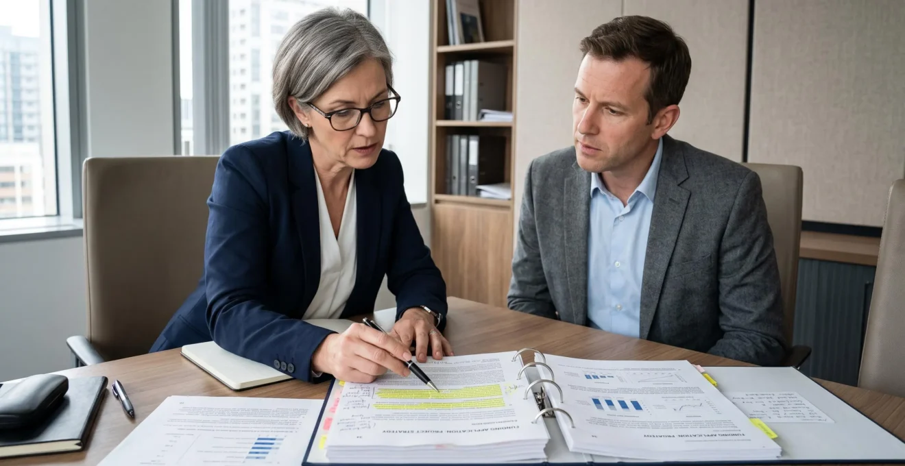 Expert pointant une erreur sur un dossier de subvention devant le porteur de projet.