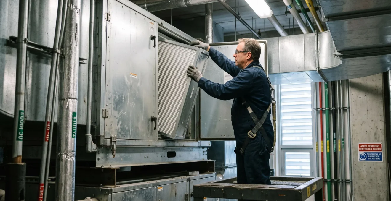 Un technicien retire un filtre HEPA d'une unité de traitement d'air hospitalière.