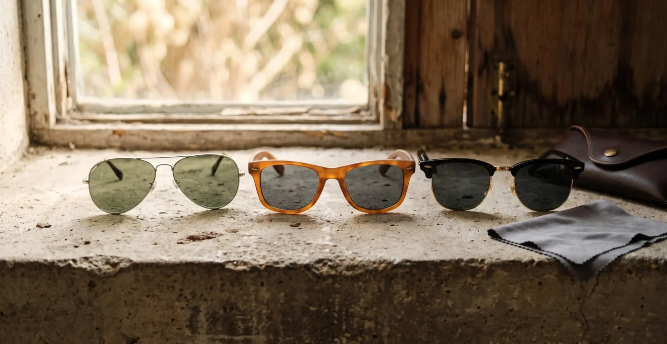 Trois paires de lunettes de soleil emblématiques posées côte à côte sur une surface en béton.